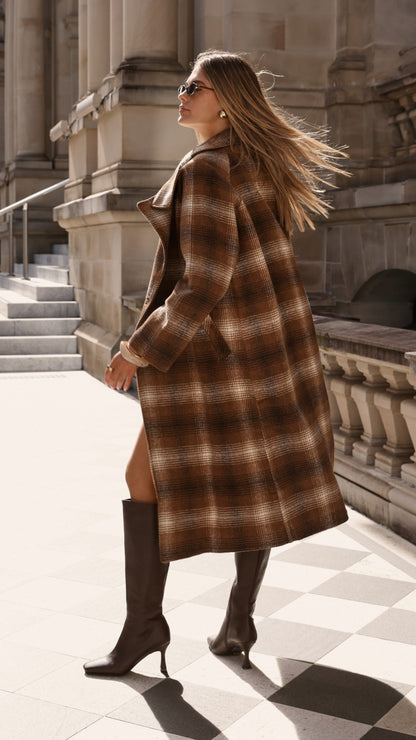 Haruna Coat - Brown / Beige Plaid Print