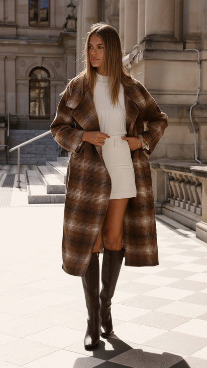 Haruna Coat - Brown / Beige Plaid Print