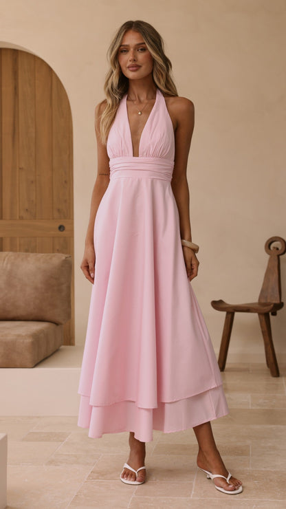 Vestido maxi cuello halter Kathy – rosa claro