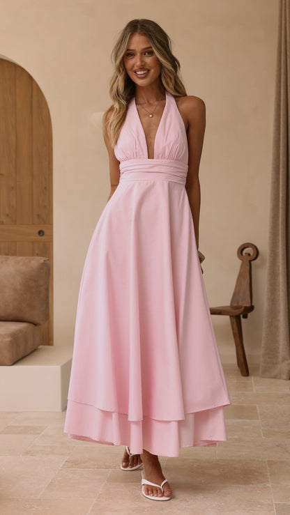 Vestido maxi cuello halter Kathy – rosa claro