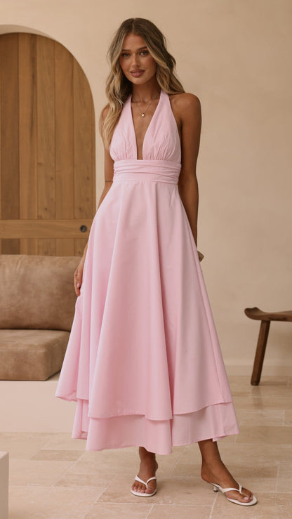Vestido maxi cuello halter Kathy – rosa claro