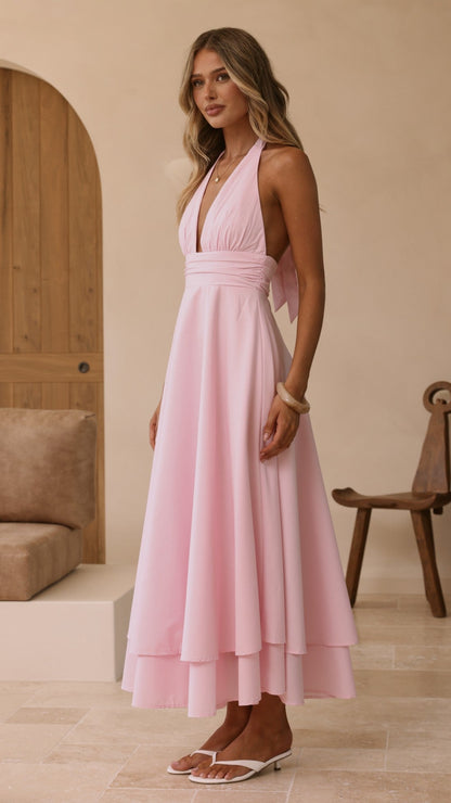 Vestido maxi cuello halter Kathy – rosa claro