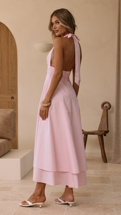 Vestido maxi cuello halter Kathy – rosa claro